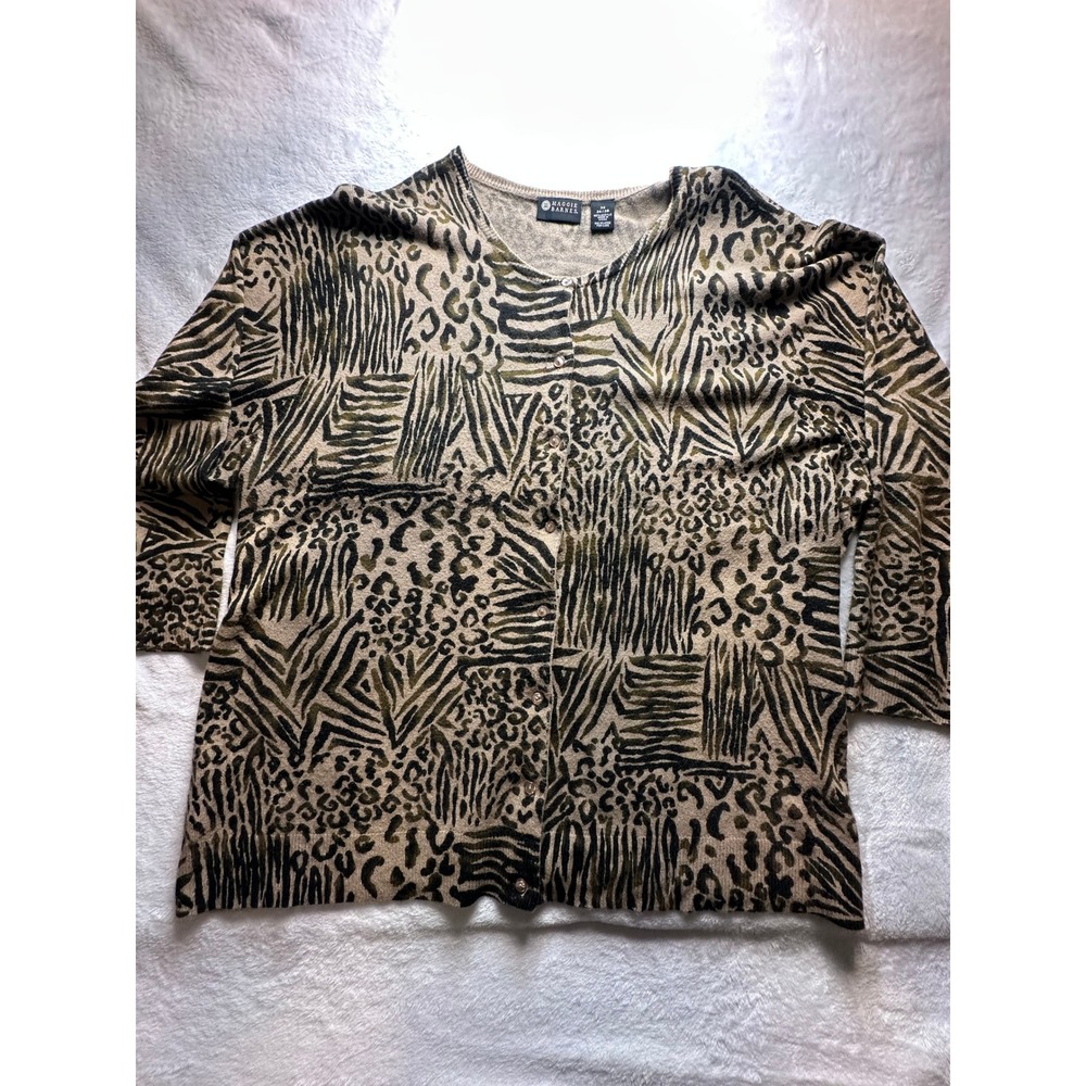 Maggie Barnes Animal Print Cardigan Sweater Tan Olive 3X Plus Leopard Zebra - 27